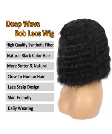 CLIONE Deep Wave Bob Lace Wig 12 - Short Synthetic Wigs for Black Women - Natural Black Color - Curly Bob Lace Front Wig - Buy Online on GoSupps.com