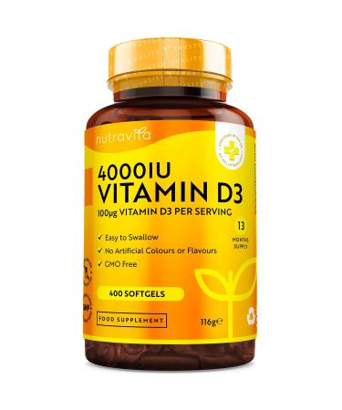 Vitamin D3 4000 iu - 400 High Strength Easy to Swallow Premium Softgels - Over A Year's Supply - Max Strength Vitamin D3 Cholecalciferol Supplement - Manufactured in The UK by Nutravita