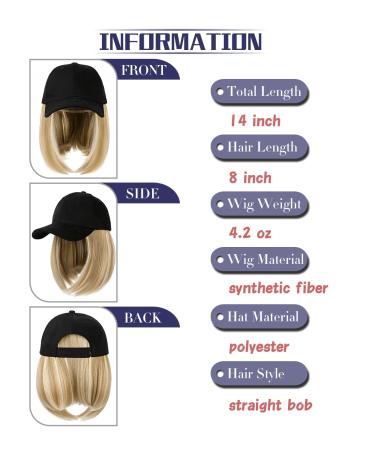 Qlenkay Baseball Cap with Hair Extensions: Ash Blonde Mix Bleach Blonde Straight Bob Wig Hat 14 Inch - Buy Online on GoSupps.com