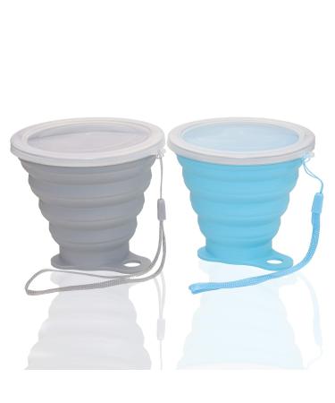 Nanaborn Silicone Collapsible Cups for Camping Travel, Small Portable Drinking Cup with Lids Reusable for Outdoor Hiking 270ml (Blue & Gray, 2Pack)