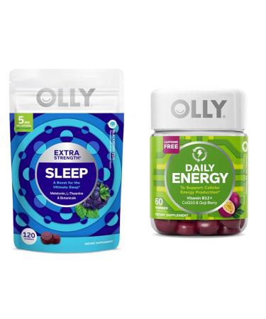 OLLY Sleep & Energy Gummies Bundle - Melatonin L-Theanine B12 CoQ10-120 + 60 Count