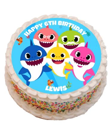 Cute Shark Theme Personalised PRECUT Cake Topper 8 Inch Round Edible Icing Sheet Birthday Decoration