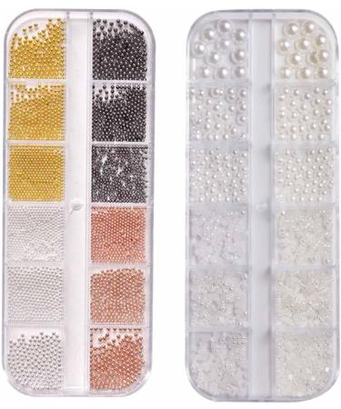2 Boxes Nail Art Beads & Pearls Set - Gold, Silver, Rose Gold, Black Micro Caviar Beads, White Semicircle Pearls, Mixed Sizes - Buy Online on GoSupps.com