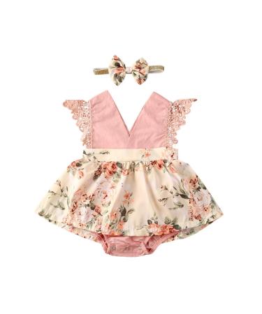OFIMAN Baby Girl Romper Dress Infant Clothes Set Newborn Lace Floral Outfit Overall Bodysuit Backless Sunflower Summer Dresses 0 Month Pink