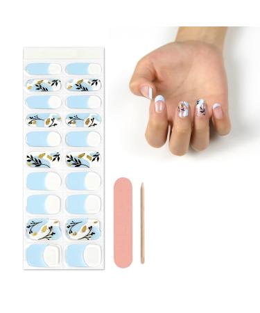 Semi Cured Nail Wraps 20 Stickers Soft Self-Adhesive Gel Nail Stickers Blue French Flowers Gel Nail Strips for Nails French Tip Manicure Nail Wraps UV/LED Lamp Required Pastel Blue