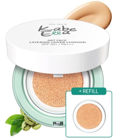 KabeElla Art Face Layering Cover Cushion SPF50+ PA++++ with Refill  Full-Coverage Cushion Foundation with Green Coffee Bean  Sunblock Cushion to Nourish Tired Skin from the Inside  Dewy Foundation for Natural  Flawless S...