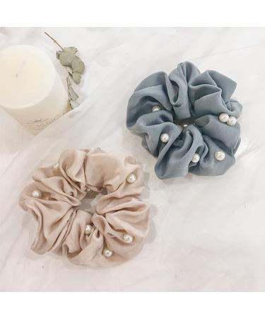 JWICOS Soft Microfiber Pearl Scrunchies Hair Ties Chiffon Flower Hair Accessories for Women and Girls Pack of 2 (blue flesh-colored)