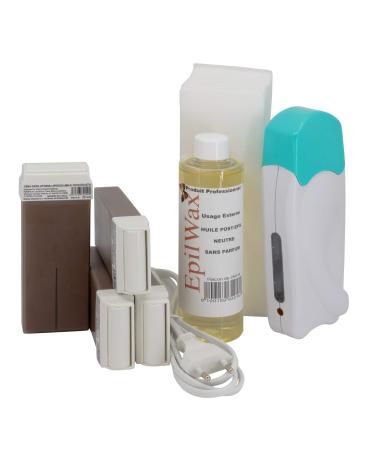 EpilWax Complete Hair Removal Waxing Kit - with 4 Chocolate Wax Roll-on Cartridges Roll On Wax Heater 100 Strips and Waxing Oil Chocolate 105 Piece Set