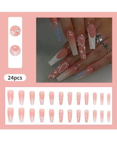 Runrayay French Artificial Nails with Sequins & Rhinestones - Extra Long Heart Pattern Press-On Nails Art Kit for Women & Girls (24 pcs) - Buy Online on GoSupps.com
