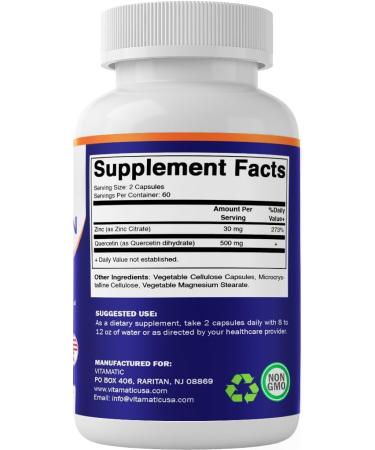 Vitamatic Zinc Quercetin - 120 Vegetarian Capsules -Zic Citrate 30mg & Quercetin 500 mg per Serving - Immune Support - Buy Online on GoSupps.com