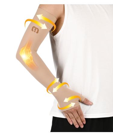 MGANG Lymphedema Compression Arm Sleeve with Gauntlet for Women Men Opaque 15-20 mmHg Medical Graduated Compression Full Arm Support Thumb Lymph Edema Arm Sleeve Pain Relief Arthritis Beige M Medium (Single) 15-20mmhg Beige