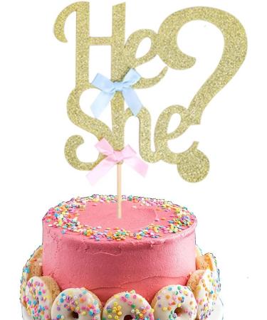 He or She Cake Topper Gold Glitter Gender Reveal Topper with Pink Blue Bows for Baby Shower Gender Reveal Party Decorations by Topfunyy - Buy Online on GoSupps.com