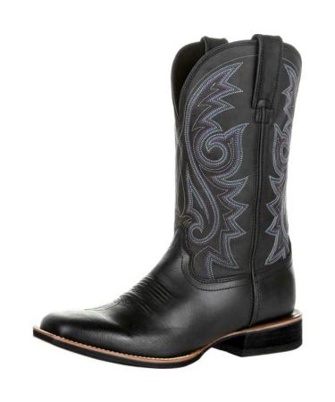 Work Boots for Men Western Square Toe Cowboy Boots Retro Leather Embroidery Casual Chunky Heel Wide Calf Pull On Boots Black 9.5