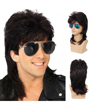 Qnbiar Men's Mullet Wig Black Curly 70s 80s Cosplay Costume Wig Retro Punk Rocker Disco Synthetic Full Wigs