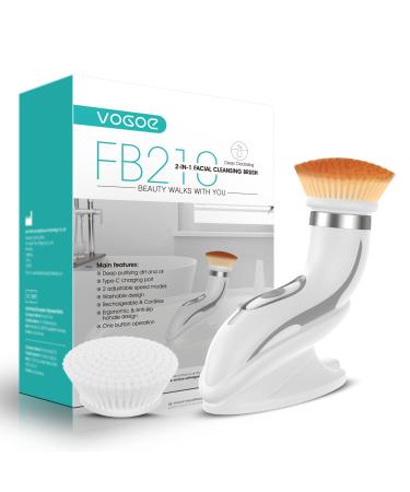 VOGOE Facial Cleansing Brush Electric Rechargeable Spin Face Brush Waterproof IPX6 Face Wash Brushes with 2 Speeds and 2 Brushes for Deep Cleansing and Gentle Exfoliation FB210 Grey