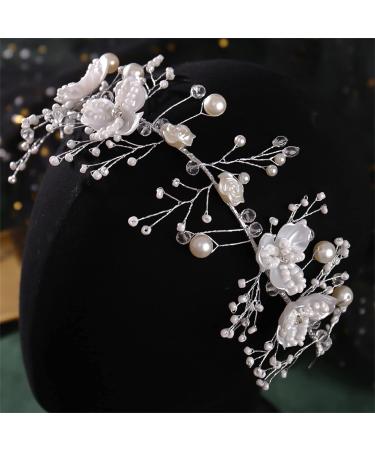 Flower Bridal Hair Accessories Bride girl Hand Knitting Wedding Hair Accessories Pearl headband for Weddings Banquets and Parties (Silver Leaf) - Buy Online on GoSupps.com