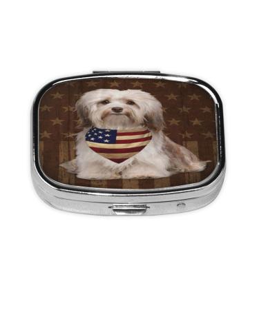 Havanese Dog with Vintage American Flag Portable Pill Organizer Travel Pill Box Daily Pill Case to Hold Supplements & Medication Havanese Dog With Vintage American Flag One Size