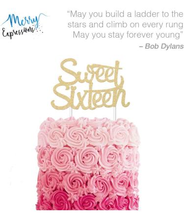 Merry Expressions 16th Birthday Cake Topper in Gold - 16.5 x 10 cm Double Sided Gold Glitter Cardstock Sweet 16 Cake Topper - 16th Cake Topper Decoration Perfect for your Birthday - Buy Online on GoSupps.com
