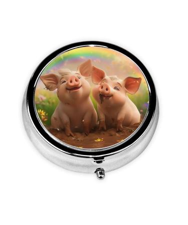 Two Cute Little Pigs Portable Metal Pill Box Round Mini 3-Compartment Plastic Insert hinged Fastening Design Suitable for Small Pills Must-Have for Travel