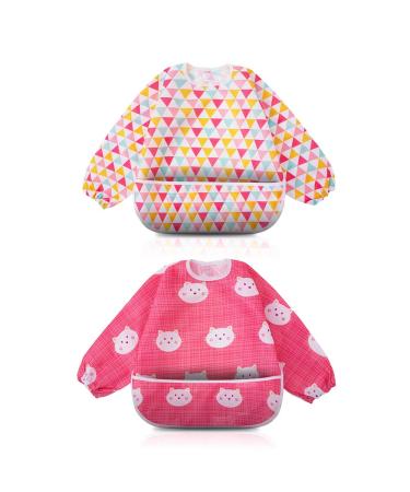 Little Dimsum Weaning Bibs Set with Sleeves Long Sleeved Waterproof Toddlers Feeding Bib Apron Food Protection Large Pocket Overalls 6-36 Months (LS/Red)