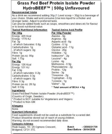 Grass Fed Beef Protein Isolate 95% - HydroBEEF - 500g | Rich in Type I II III Collagen Unflavoured 500g - Buy Online on GoSupps.com