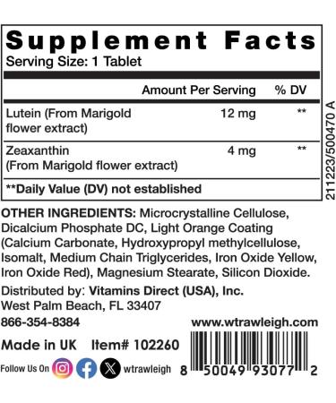 Rawleigh Lutein & Zeaxanthin: 30 Vegan Tablets 12mg Lutein & 4mg Zeaxanthin (Macular Carotenoids) Based on The AREDs2 Study Eye Health Supplement & Vision Support for Adults Eye Vitamins GMO-Free - Buy Online on GoSupps.com