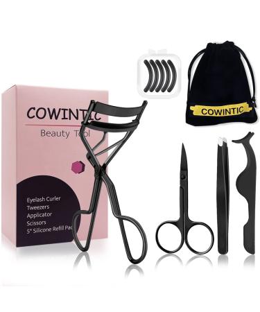 Eyelash Curler Tweezers Applicator Scissors Kit - 4 in 1 Eyelash Extension Tools with 5 Silicone Refill Pads for Lashes Curling Natural(Black)
