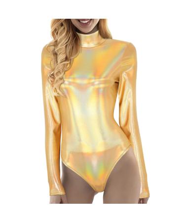 Women shiny ballet tightening long-sleeved ballet jersey dance body metallic tour suit gymnastics suit dancewear metallic body women satin body women elegant white jumpsuit ladies elegant festival winter gold-b s