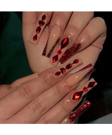 BABALAL Red Press on Nails Long Fake Nails Coffin Glue on Nails Ballerina Acrylic Nails 24Pcs Rhinestones Nails for Women and Girls NAILV01