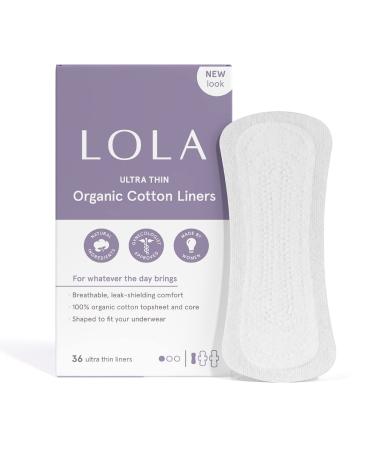 LOLA Ultra Thin Daily Liners, Light Flow Absorbency - 72 Count - Unscented Organic Cotton Topsheet and Core - Hypoallergenic Panty Liners, for Light Leaks or Extra Protection 36 Count (Pack of 2) Light