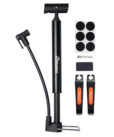 Malker Bike Pump,Compatible with Presta and Schrader Valve Portable Bicycle Pump,Aluminum Alloy Floor Bicycle Air Pump,Compact Mini Bicycle Tire Pump,Bonus 2 Tire Levers and Bike Patch Kit Black
