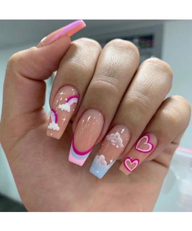 JUSTOTRY 24 pcs Cloud Fake Nails Long with Heart Rainbow French Press on Nails Patterns Nude Ballerina Medium Stick on Nails for Women Acrylic Coffin False Nails with Glue for Nail Art cloud&Rainbow1