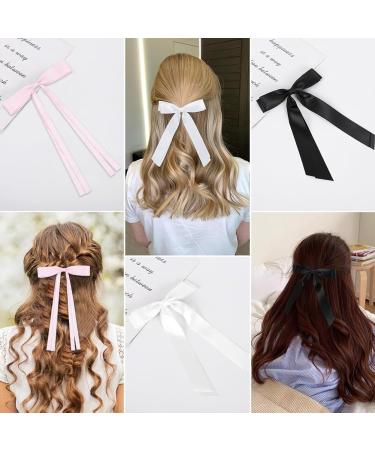 Bow Hair Clips with Long Tail Silky Satin Hair Bows Ponytail Holder Accessories Hair Barrette Hair Ribbon for Girls for weddings parties festivals (Black white pink) - Buy Online on GoSupps.com