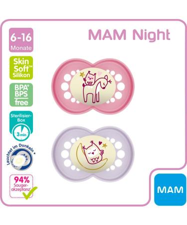 MAM Original Night Pacifier Set for Girls - Soft Silicone 6-16 Months 4-Pack with Sterilizer Cases - Ideal for International Shipping - Buy Online on GoSupps.com
