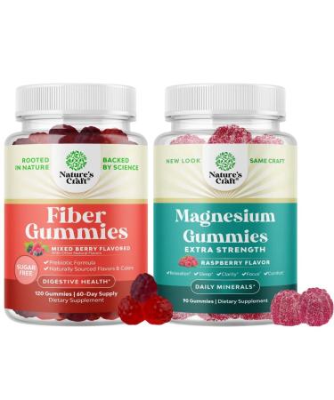 Bundle of Fiber Gummies - Chicory Root Supplement with Prebiotic Support for Gut & Digestive Health and Magnesium Gummies - Relaxing Magnesium Citrate - Raspberry Flavored for Body & Mind Relaxation