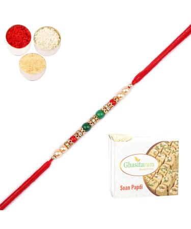 Ghasitaram Gifts Rakhi for Brother Rakhis Online - Nbh-236 Pearl Rakhi for My Brother with 400 GMS of Soan Papdi Rakhi with 400 GMS of Soan Papdi
