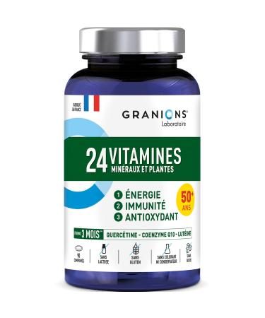 GRANIONS 24 VITAMINS - Multivitamins and Minerals - Magnesium Zinc Vitamin C Selenium Coenzyme Q10 Lutein - Energy Immunity - Adult Vitamins - 90 Tablets - 3 Months - Made in France