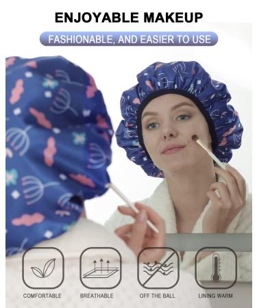 Terry Cloth Lined Shower Cap - YIZIJIZI Triple Layer Waterproof Reusable Cap for Long Thick Hair, Blue Flower & Leaf Design - Buy Online on GoSupps.com