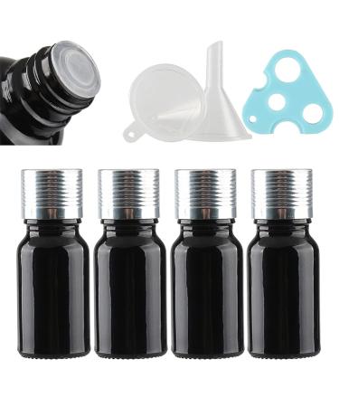 Tianzd 4 piece of empty little 10 ml gloss black glass bottles with sealed stopper silver aluminum screw cap glass bottle flasher oil fragrance perfume massage aromatherapy silver 10ml