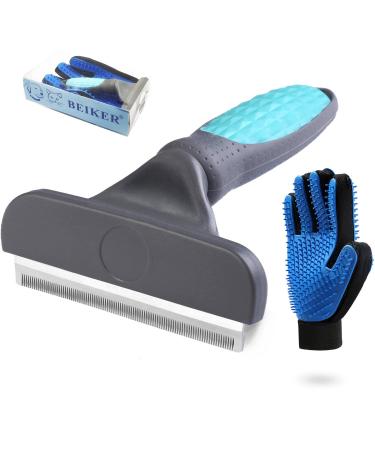 Beiker Pet Grooming Brush Kit for Dog and Cat Daily Use, Furry Pets Deshedding Tool Set Include Professional Metal Deshedder and Double Sided Rubber Glove for Daily Grooming and Reduces Shedding Hair Blue L Kit