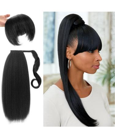 Kinky Straight Ponytail Extension with Bangs for Black Women Yaki Straight Wrap Arpund Pony Tail Hair Clip in Ponytail Extension Magic Paste Natural Looking Hair Hairpiece for Daily Party Use (Black) 20 inches Black