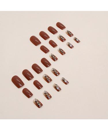 24 Pcs Fall Press on Nails - Brown & Gold Foil Autumn Acrylic Medium Length - Reusable Glossy Fake Nails for Women - Buy Online on GoSupps.com
