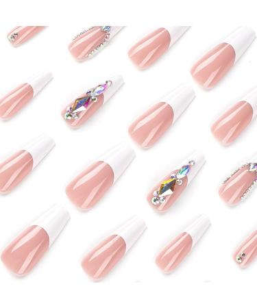 24pcs Long Coffin False Nails French White Tip Stick on Nails Press on Nails with Rhinestones Removable Glue-on Nails Full Cover Fake Nails Women Girls Nail Art Accessories 0268Y50 - Buy Online on GoSupps.com