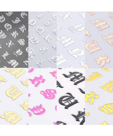 3D Holographic Old English Alphabet Nail Art Stickers - Glitter Self-Adhesive Decals for Acrylic Nails - 8 Sheets - Buy Online on GoSupps.com