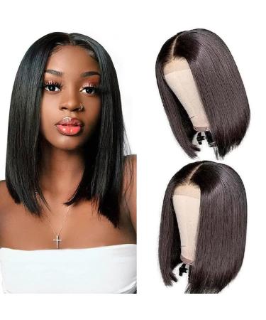 Short bob wig real hair 35.6 cm 4 x 4 cm transparent smooth lace front closure wig for black woman Brazilian remy-echo hair 150% density (10 x 1 t-bob35 cm natural color)4x1t-bob14inch natural color