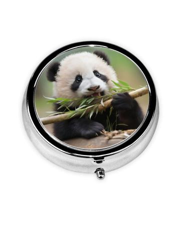 Cute Panda Eating Bamboo Portable Metal Pill Box Round Mini 3-Compartment Plastic Insert hinged Fastening Design Suitable for Small Pills Must-Have for Travel