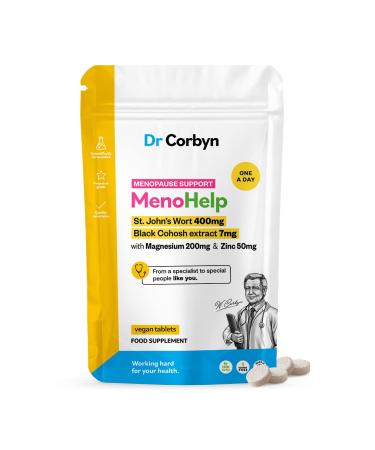 Dr Corbyn MenoHelp (120 Tablets) with St. John's Wort Black Cohosh Magnesium & Zinc | Menopause Well-Being | 400mg St. John's Wort 7mg Black Cohosh 200mg Magnesium & 50mg Zinc | UK Made 120 Count (Pack of 1)