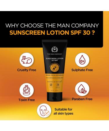 The Man Company Sunscreen Lotion Spf 30 For Men 100Ml Light Weight Infused With Green Tea Soyabean Blue Light Technology Broad Spectrum Pa +++ Uva Uvb Protection Matte Effect Toxin-Free - Buy Online on GoSupps.com