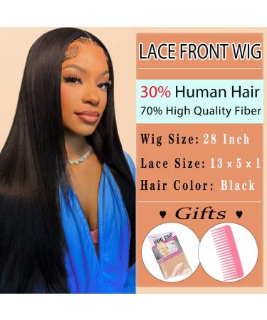 28 Natural Black Synthetic Lace Front Wig with Baby Hair - Glueless Long Pre Plucked HD Lace Frontal Wigs - Buy Online on GoSupps.com