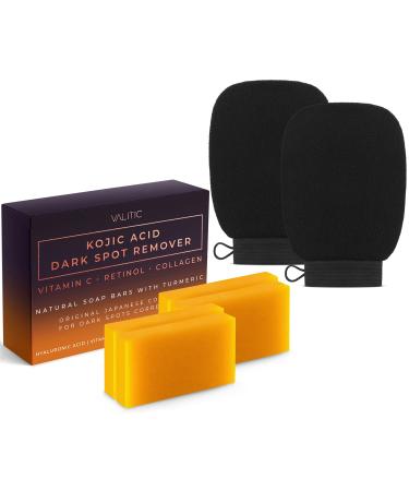 VALITIC 4 Pack Kojic Acid Dark Spot Remover Soap Bars with Vitamin C, Retinol, Collagen, Turmeric - Original Japanese Complex with Hyaluronic Acid & A Pair of Black Exfoliating Gloves for Body Scrub 4 Pack Hyal Soap Bars & Exfoliating Gloves
